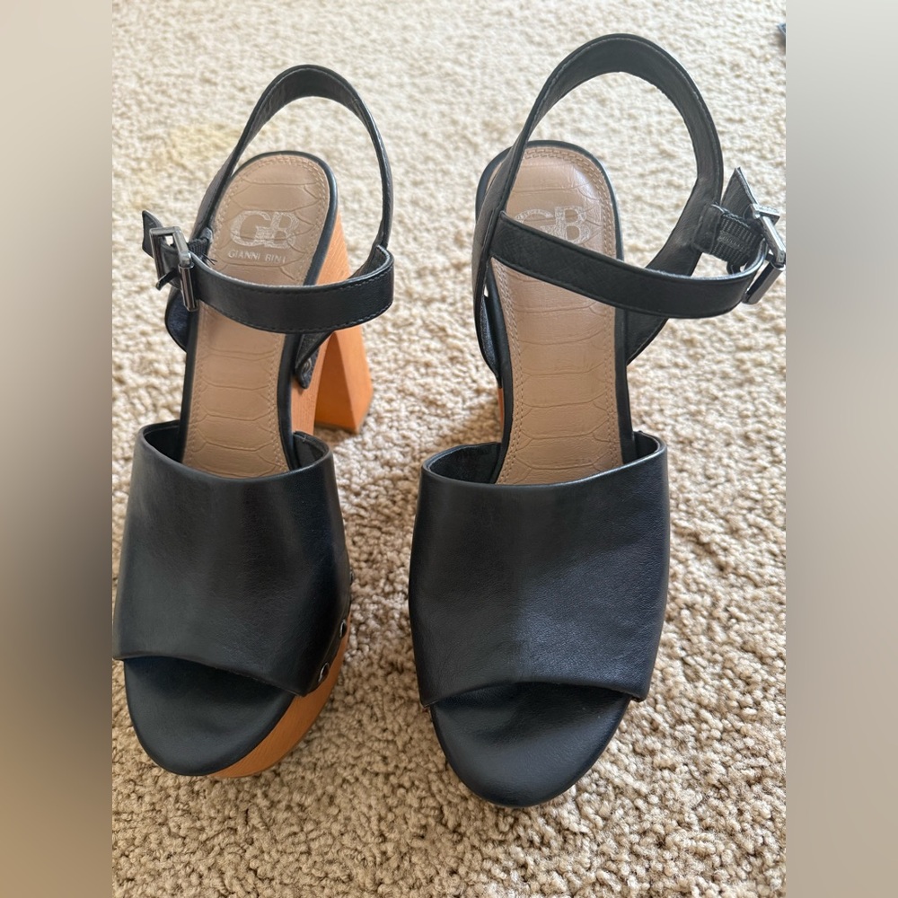 Black Leather Platform Shoes with Adjustable Ankle Straps